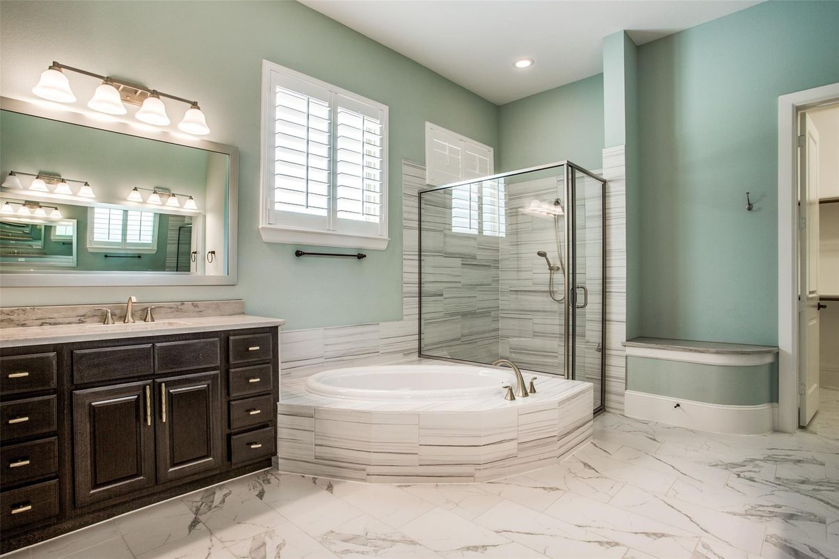 Bathroom, Dual Sink Vanities, Glass Shower, Interior, Marble, Recessed Lighting