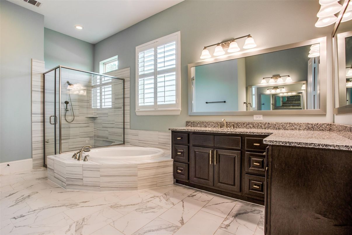 Bathroom, Dual Sink Vanities, Glass Shower, Interior, Marble, Recessed Lighting