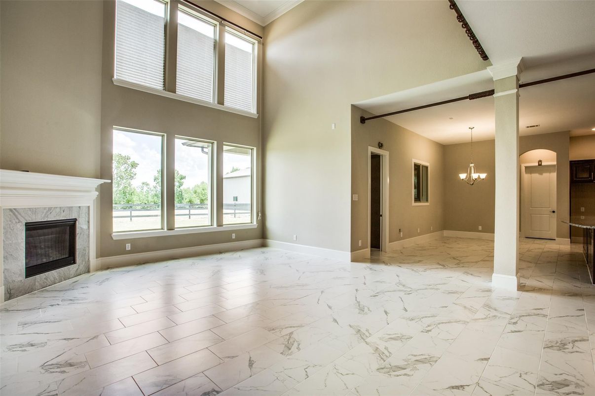 Chandelier, Empty room, Fireplace, Interior, Marble, Pendant Lights, Recessed Lighting