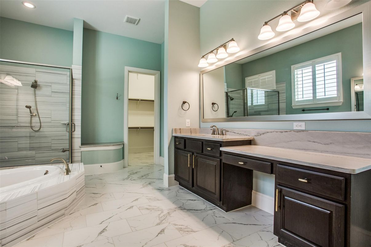 Bathroom, Dual Sink Vanities, Glass Shower, Interior, Marble, Recessed Lighting