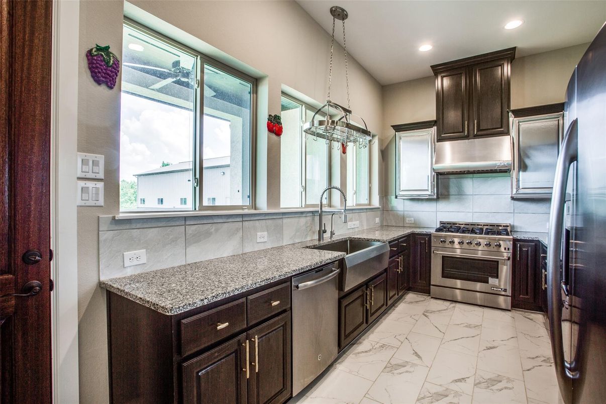 Interior, Kitchen, Marble, Pendant Lights, Recessed Lighting, Stainless Steel Appliances