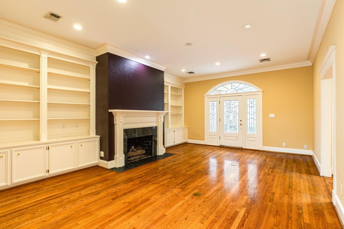 Empty room, Fireplace, Interior, Recessed Lighting, Wood Texture Flooring