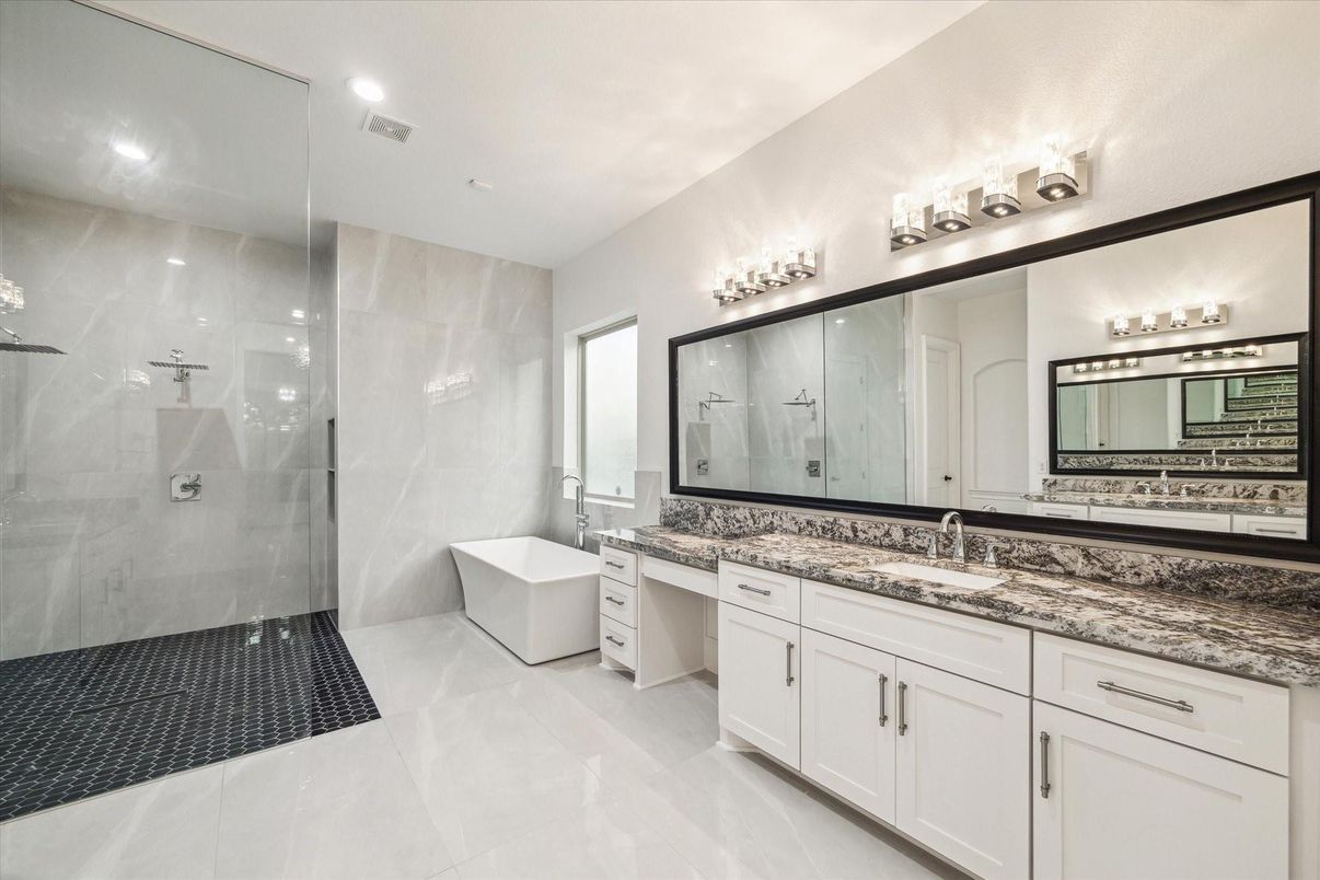 Bathroom, Dual Sink Vanities, Free Standing Baths, Glass Shower, Interior, Recessed Lighting