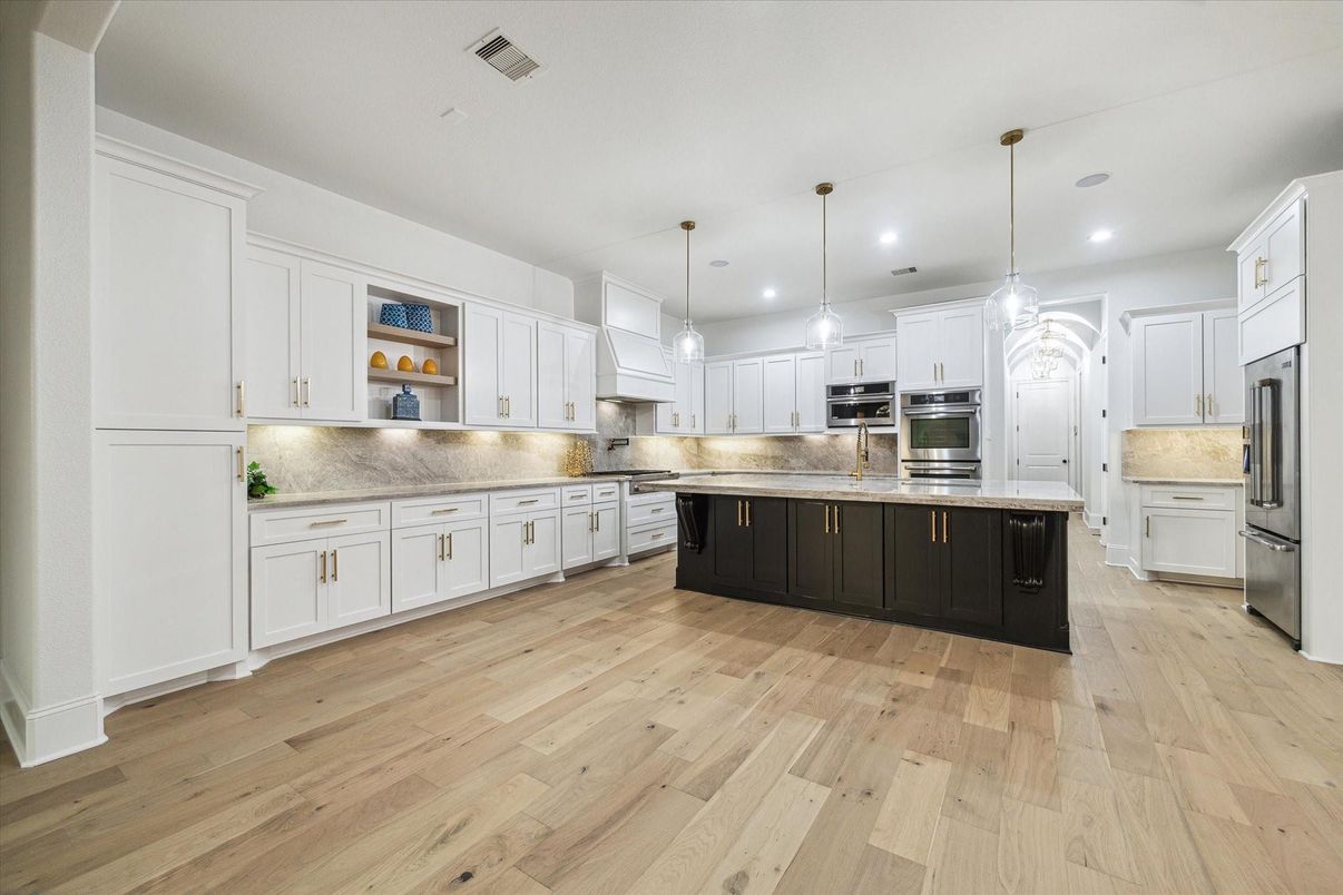 Interior, Kitchen, Pendant Lights, Recessed Lighting, Stainless Steel Appliances, Wood Texture Flooring