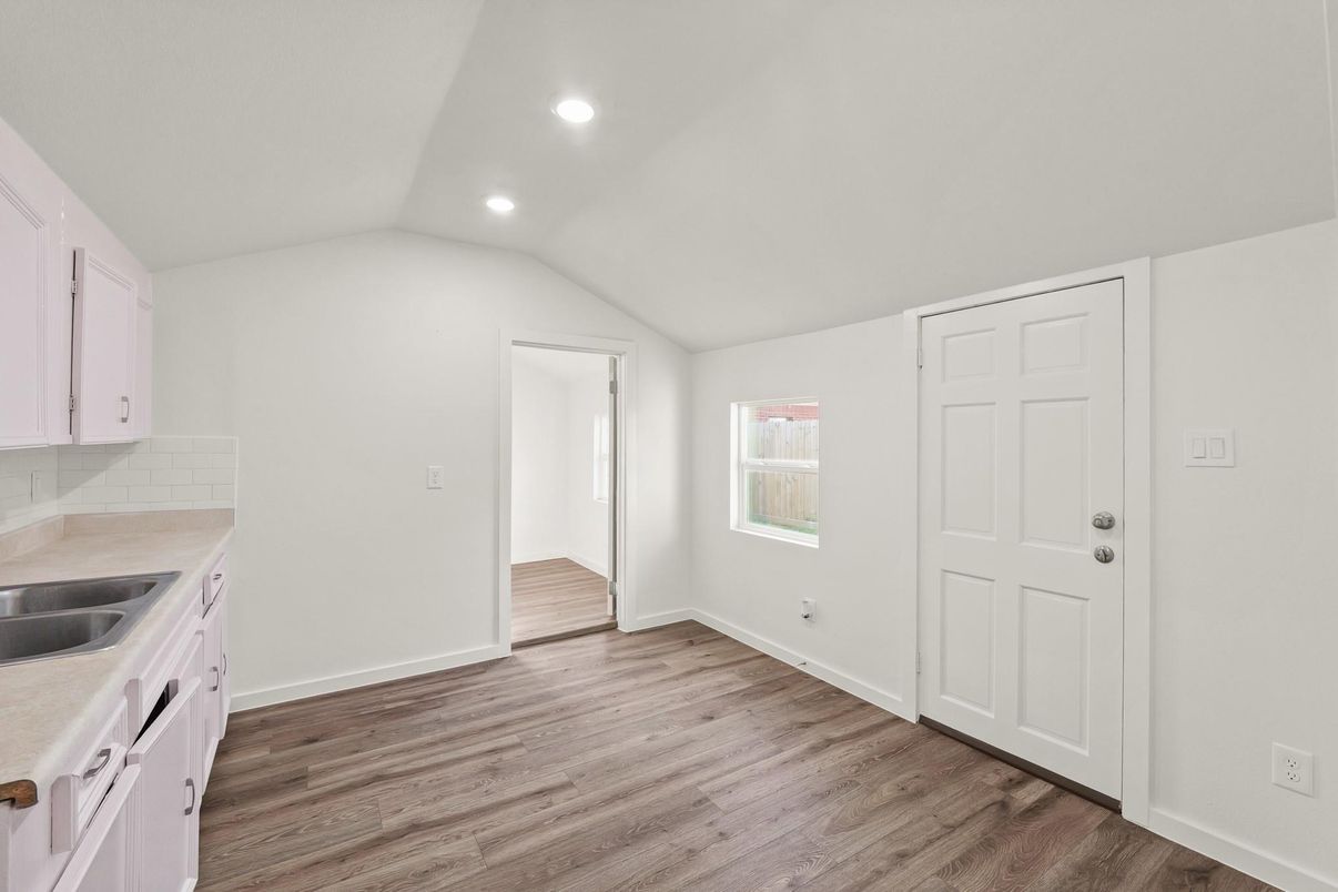 Empty room, Interior, Kitchen, Recessed Lighting, Wood Texture Flooring