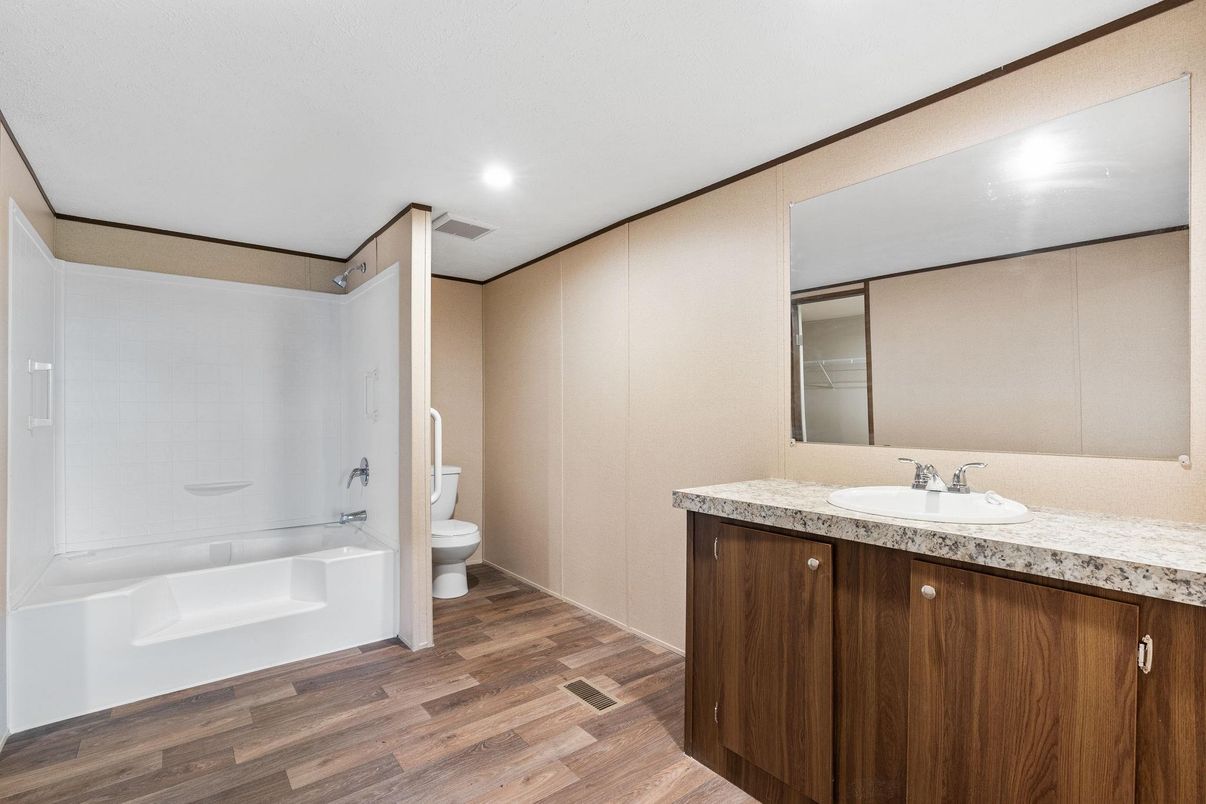 Bathroom, Interior, Recessed Lighting, Wood Texture Flooring