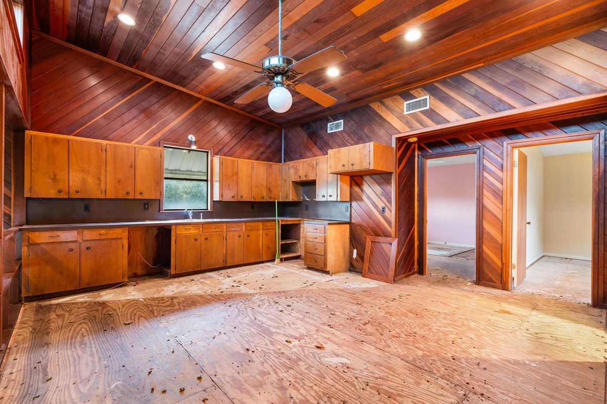 Empty room, Interior, Kitchen, Recessed Lighting, Wooden Ceilings, Wood Texture Flooring, Wooden Walls