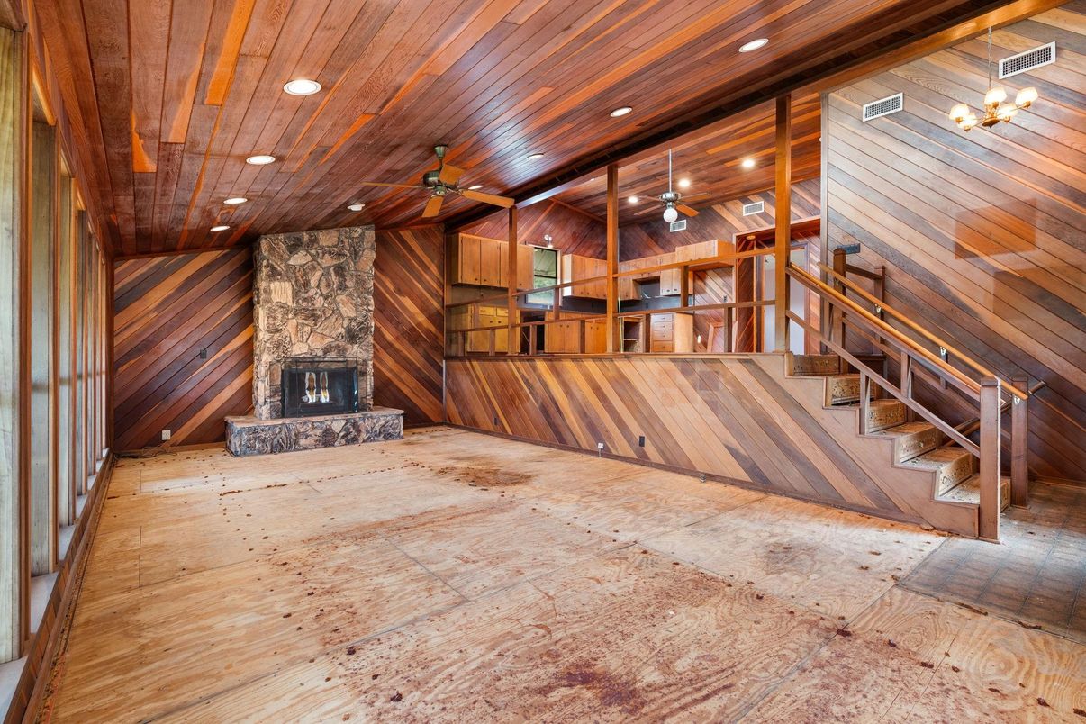 Chandelier, Fireplace, Interior, Recessed Lighting, Wooden Ceilings, Wood Texture Flooring, Wooden Walls