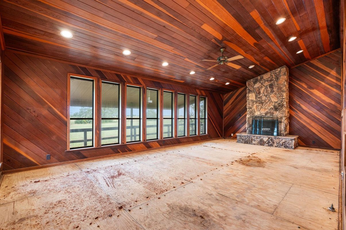 Empty room, Fireplace, Interior, Recessed Lighting, Wooden Ceilings, Wood Texture Flooring, Wooden Walls