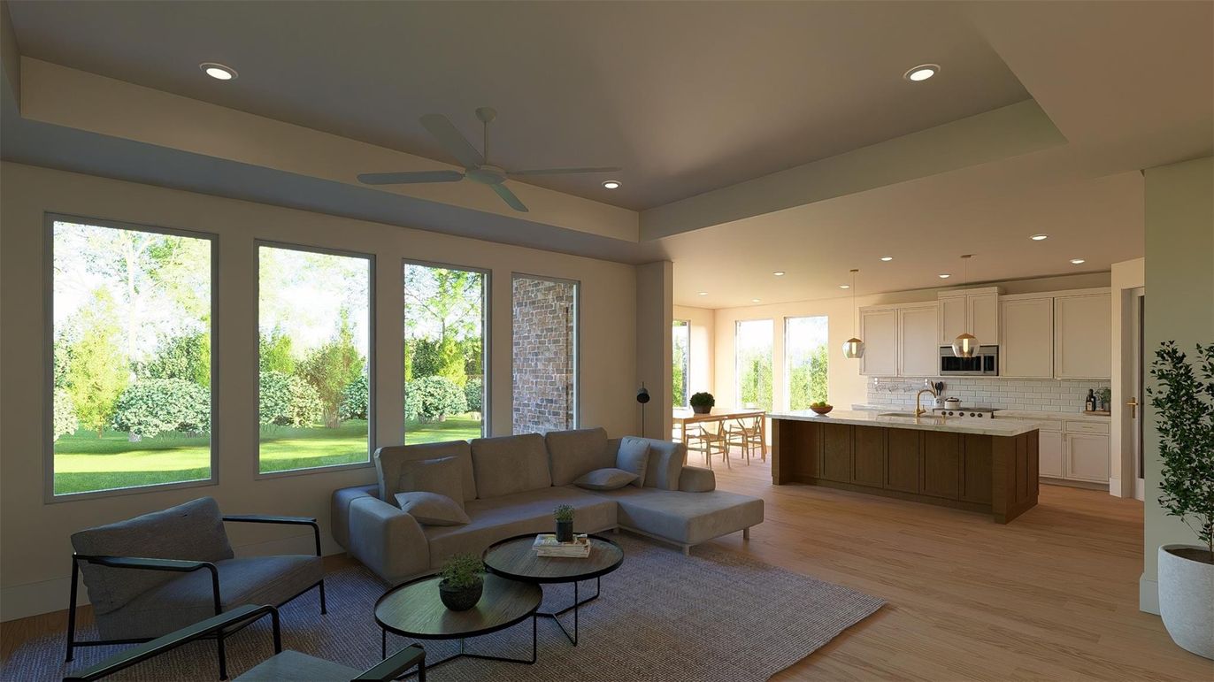 Interior, Kitchen, Living room, Pendant Lights, Recessed Lighting, Wood Texture Flooring