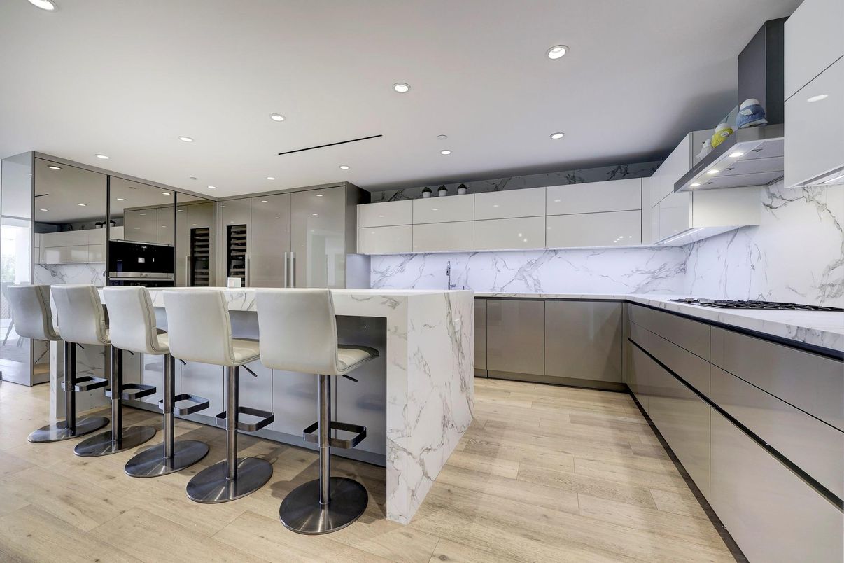Interior, Kitchen, Marble Walls, Recessed Lighting, Wood Texture Flooring