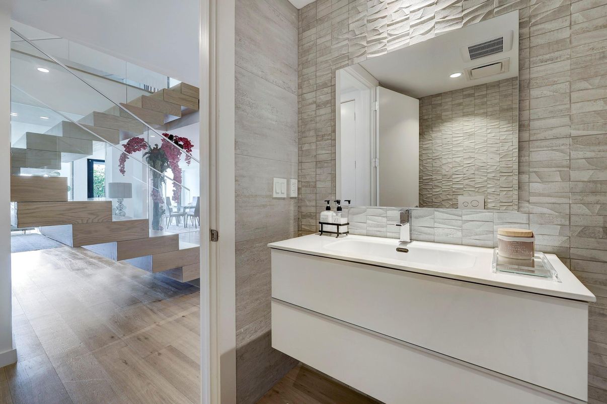Bathroom, Interior, Recessed Lighting, Stone Walls, Wood Texture Flooring