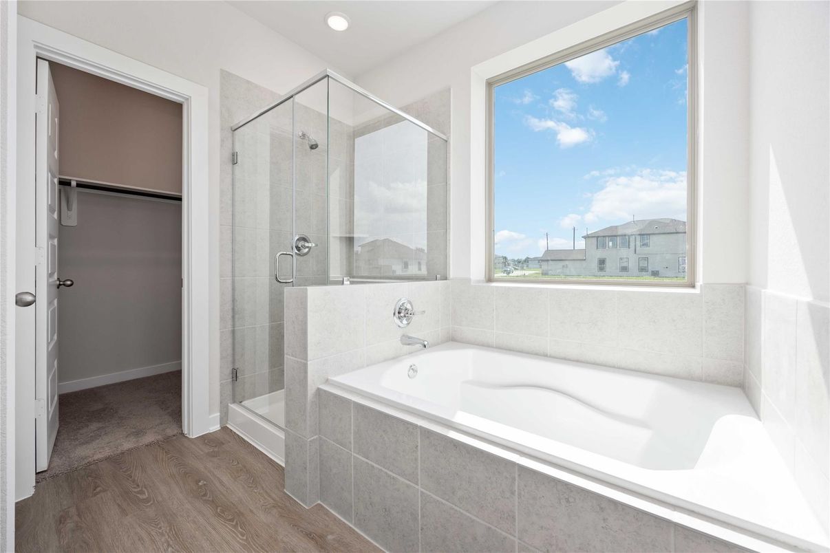 Bathroom, Glass Shower, Interior, Recessed Lighting, Wood Texture Flooring