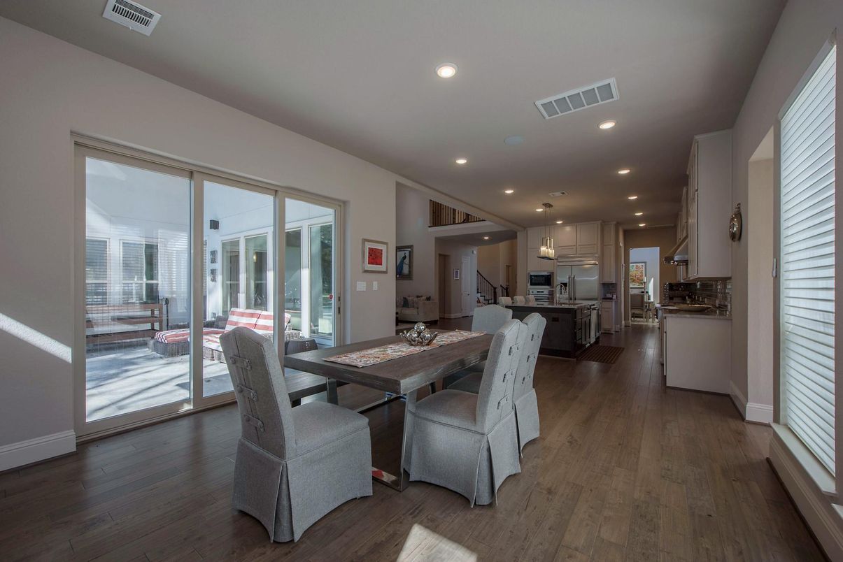 Dining room, Interior, Kitchen, Pendant Lights, Recessed Lighting, Wood Texture Flooring