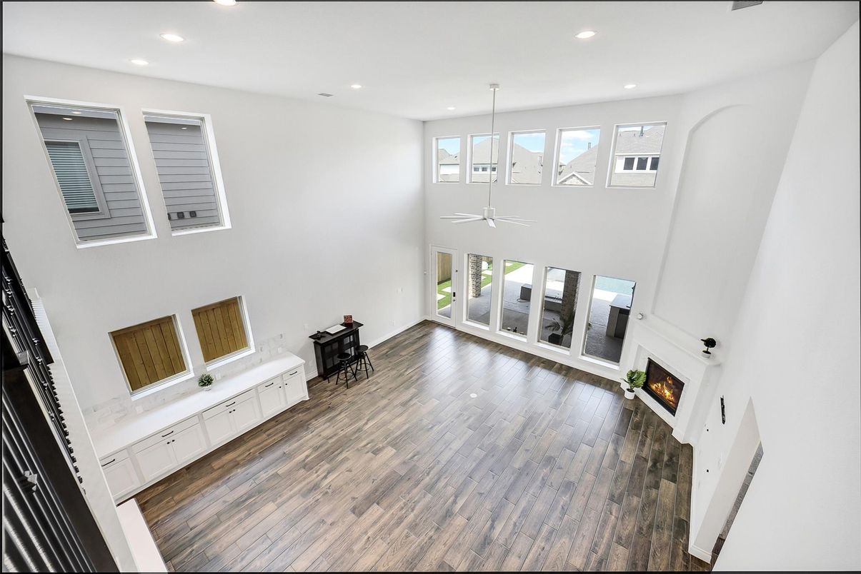 Fireplace, Interior, Pendant Lights, Recessed Lighting, Wood Texture Flooring