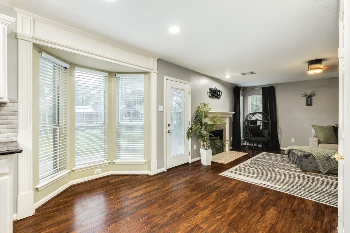 Fireplace, Interior, Recessed Lighting, Wood Texture Flooring