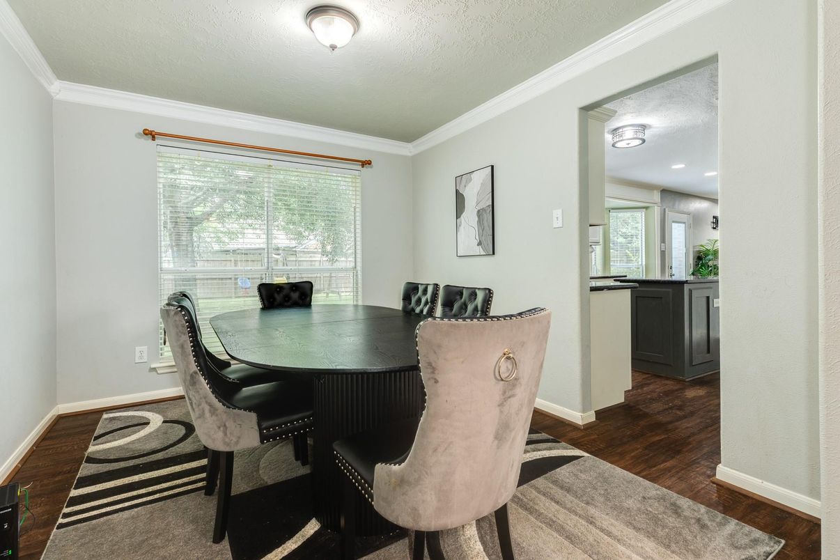 Dining room, Interior, Recessed Lighting, Wood Texture Flooring