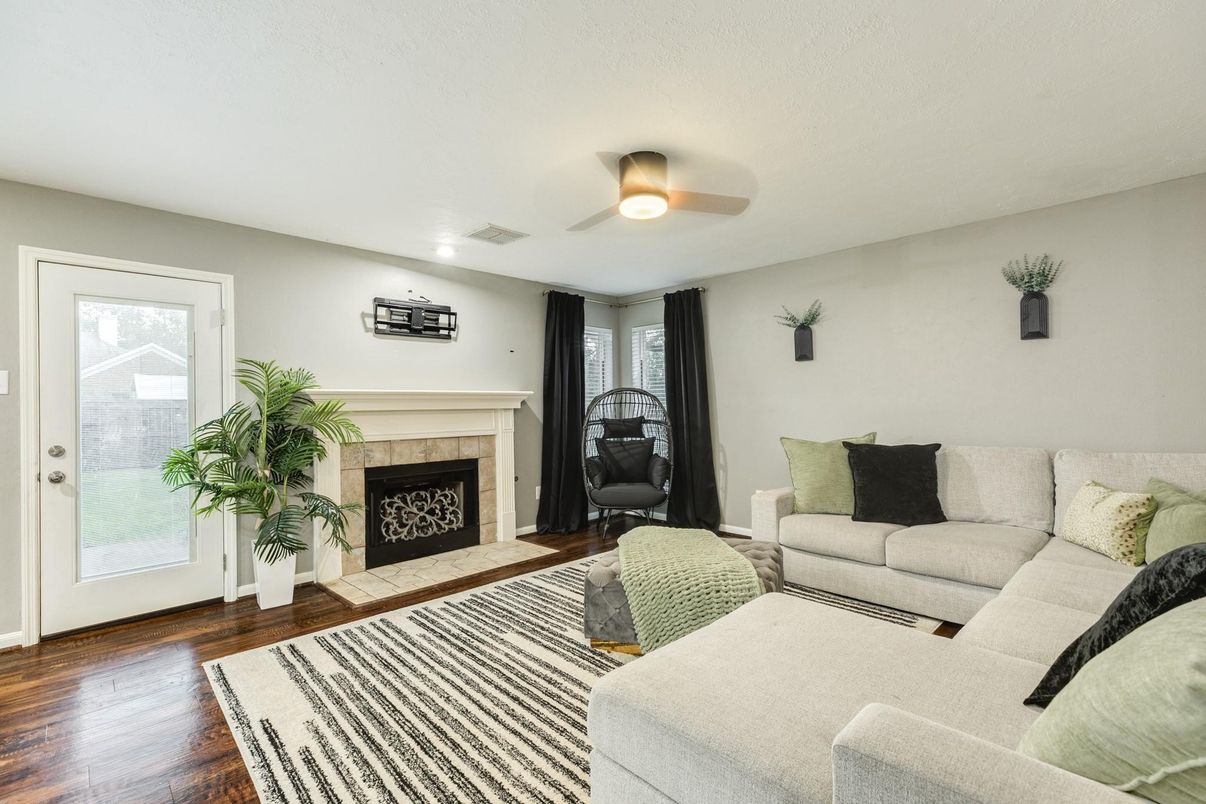 Fireplace, Home Office, Interior, Living room, Recessed Lighting, Wood Texture Flooring