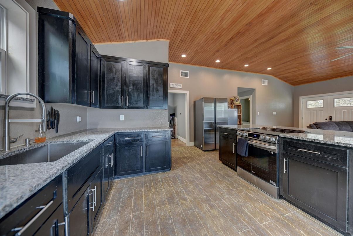 Interior, Kitchen, Recessed Lighting, Stainless Steel Appliances, Wooden Ceilings, Wood Texture Flooring