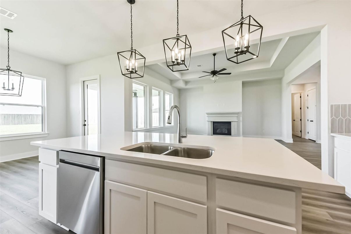 Fireplace, Interior, Kitchen, Pendant Lights, Wood Texture Flooring