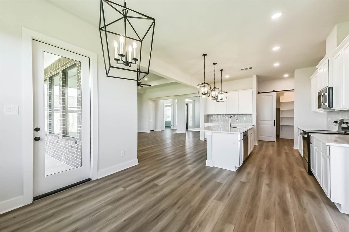 Interior, Kitchen, Pendant Lights, Recessed Lighting, Wood Texture Flooring