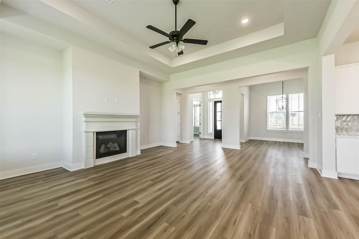 Empty room, Fireplace, Interior, Recessed Lighting, Wood Texture Flooring