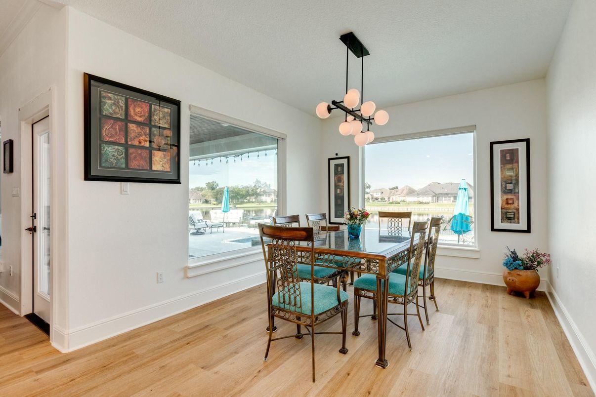 Dining room, Interior, Pendant Lights, Wood Texture Flooring