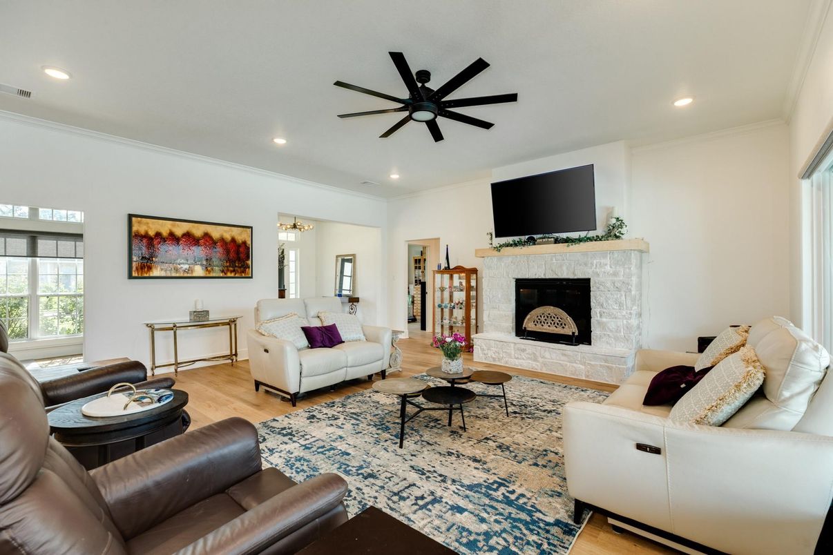 Fireplace, Interior, Living room, Recessed Lighting, Wood Texture Flooring