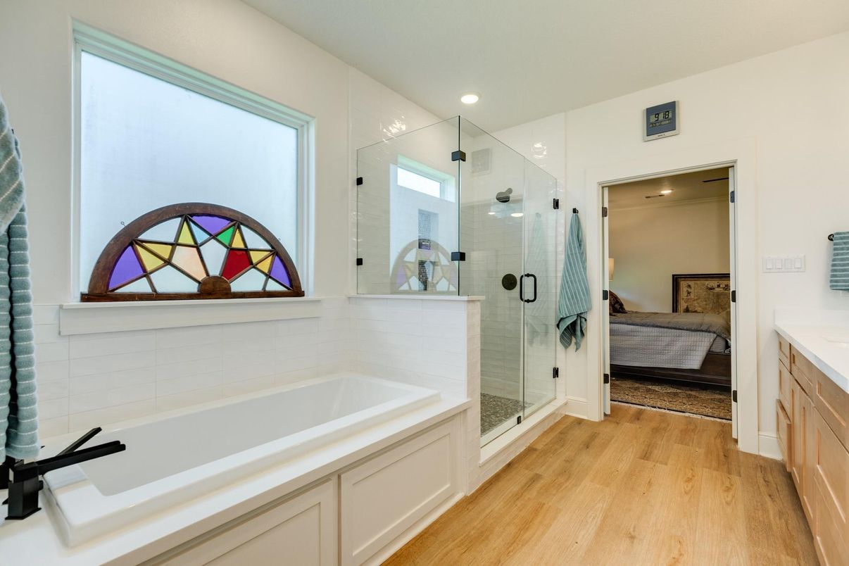 Bathroom, Bedroom, Glass Shower, Interior, Recessed Lighting, Wood Texture Flooring
