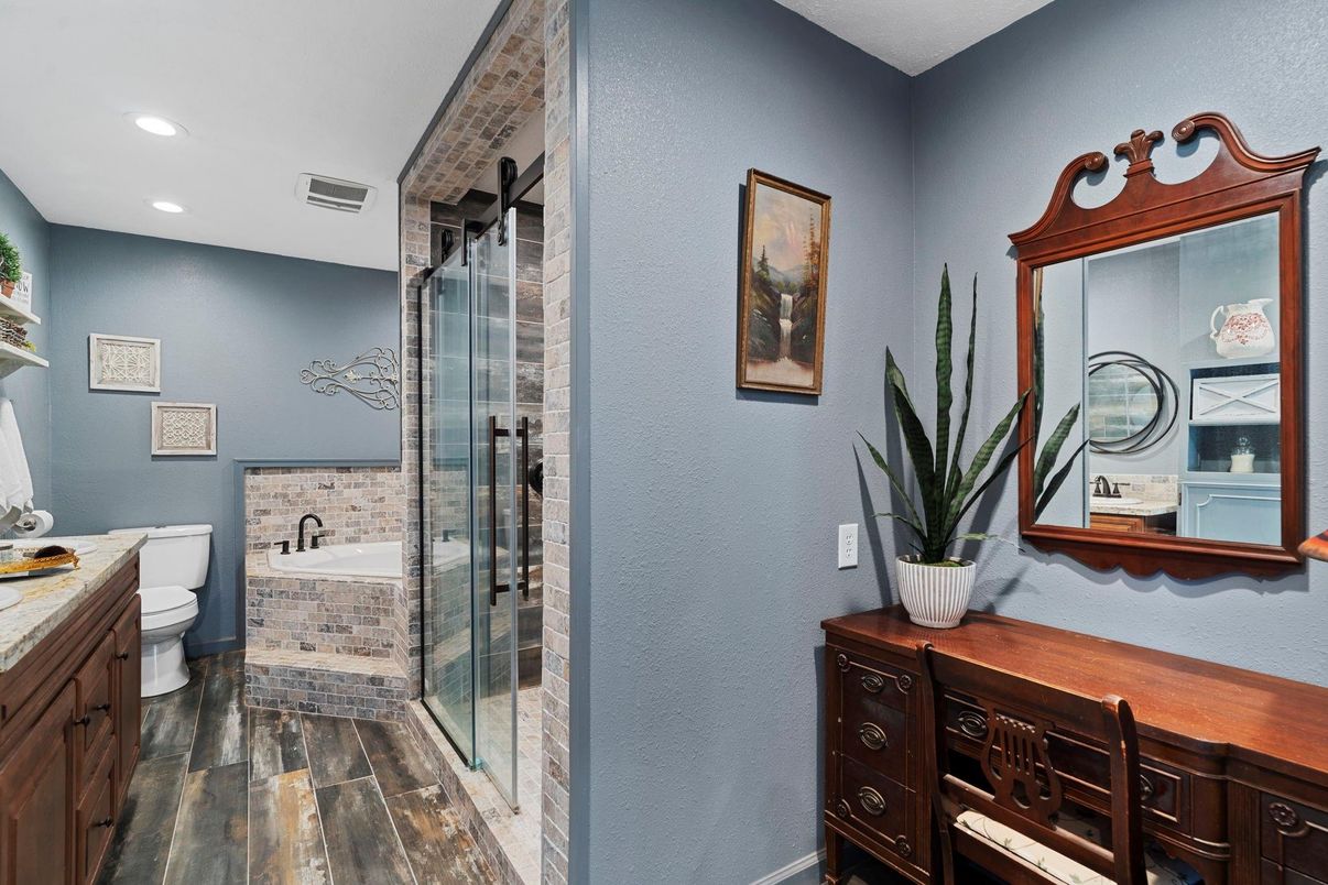 Bathroom, Glass Shower, Interior, Recessed Lighting, Wood Texture Flooring