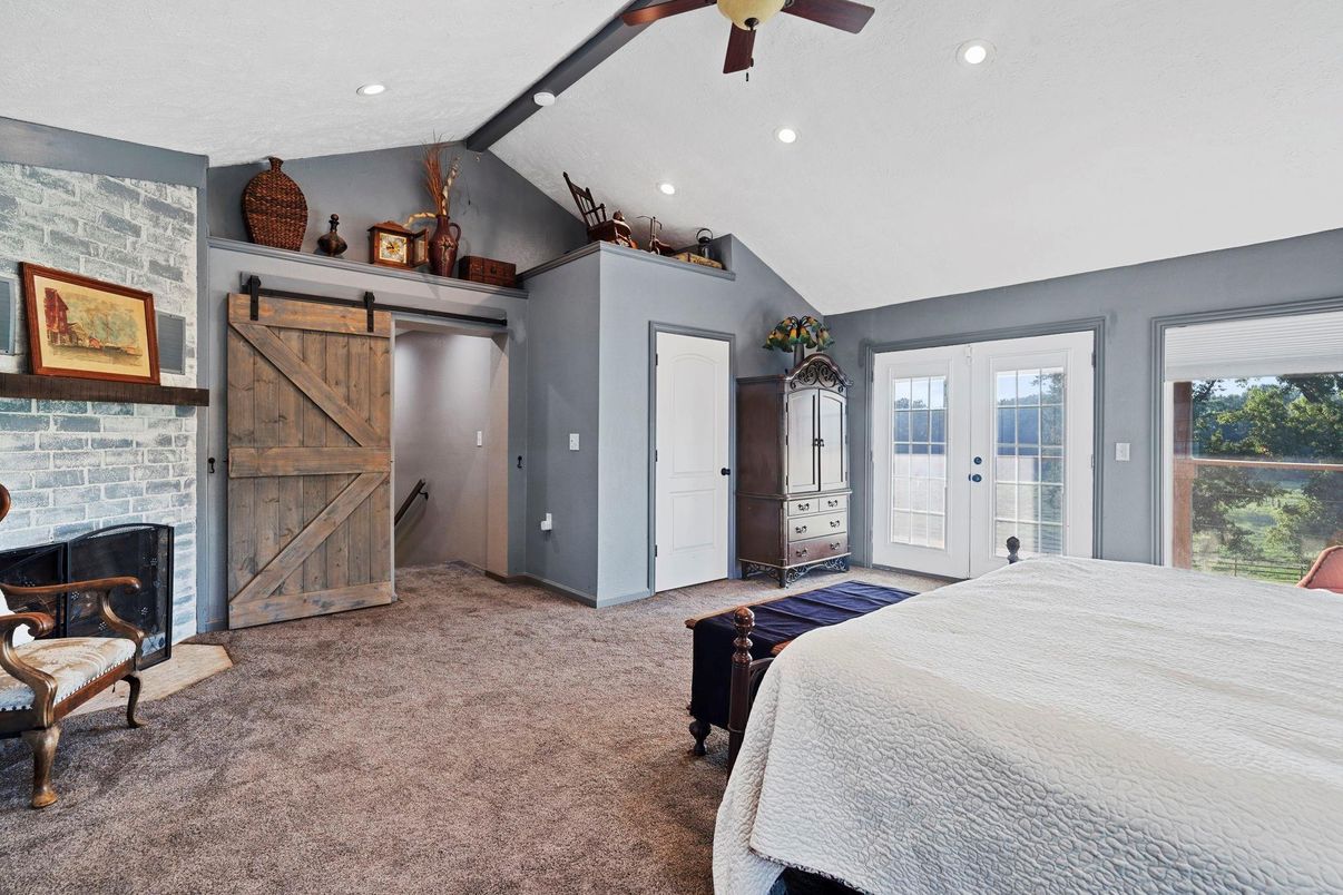 Bedroom, Fireplace, Interior, Recessed Lighting, Stone Walls