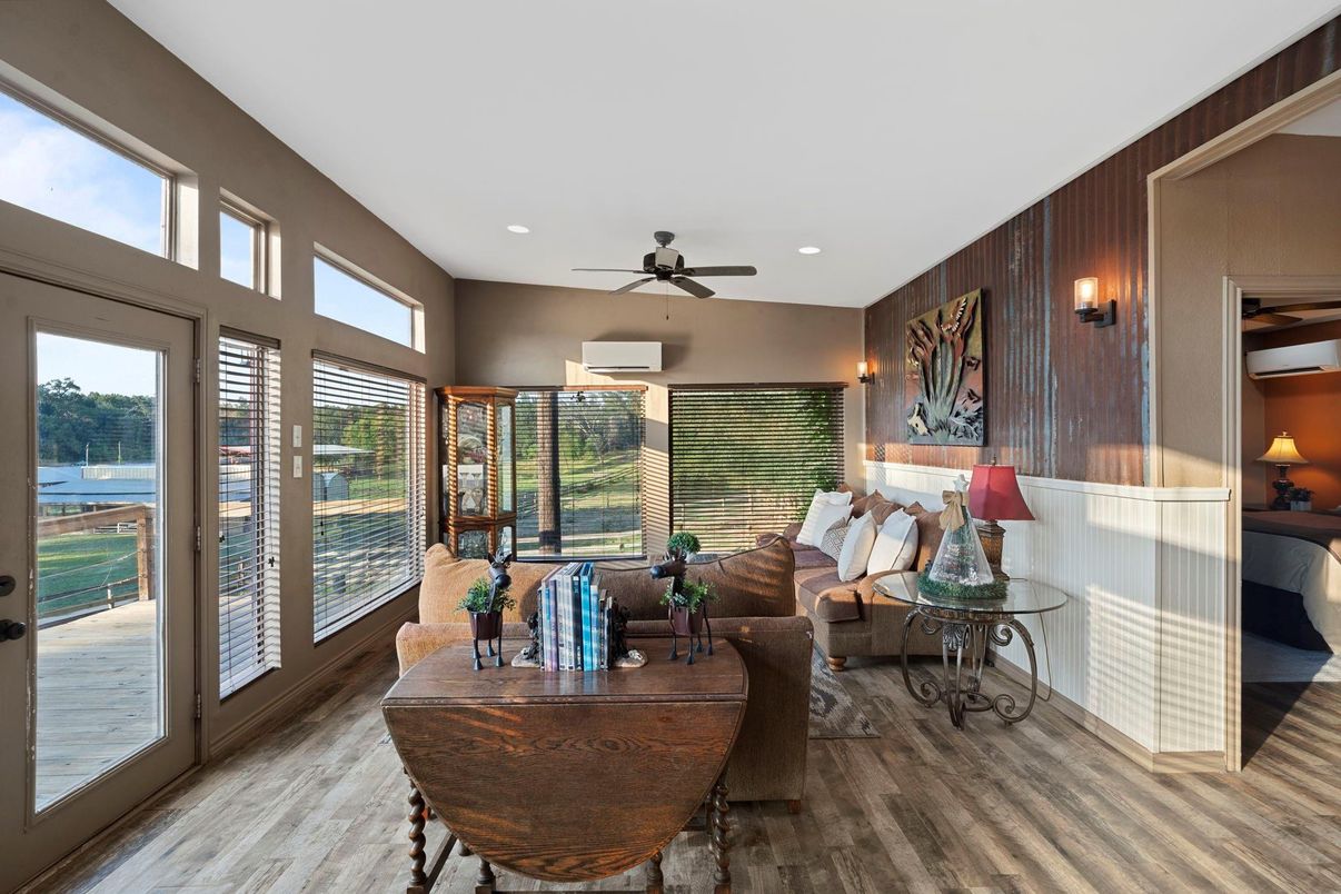 Interior, Living room, Recessed Lighting, Water, Wood Texture Flooring, Wooden Walls