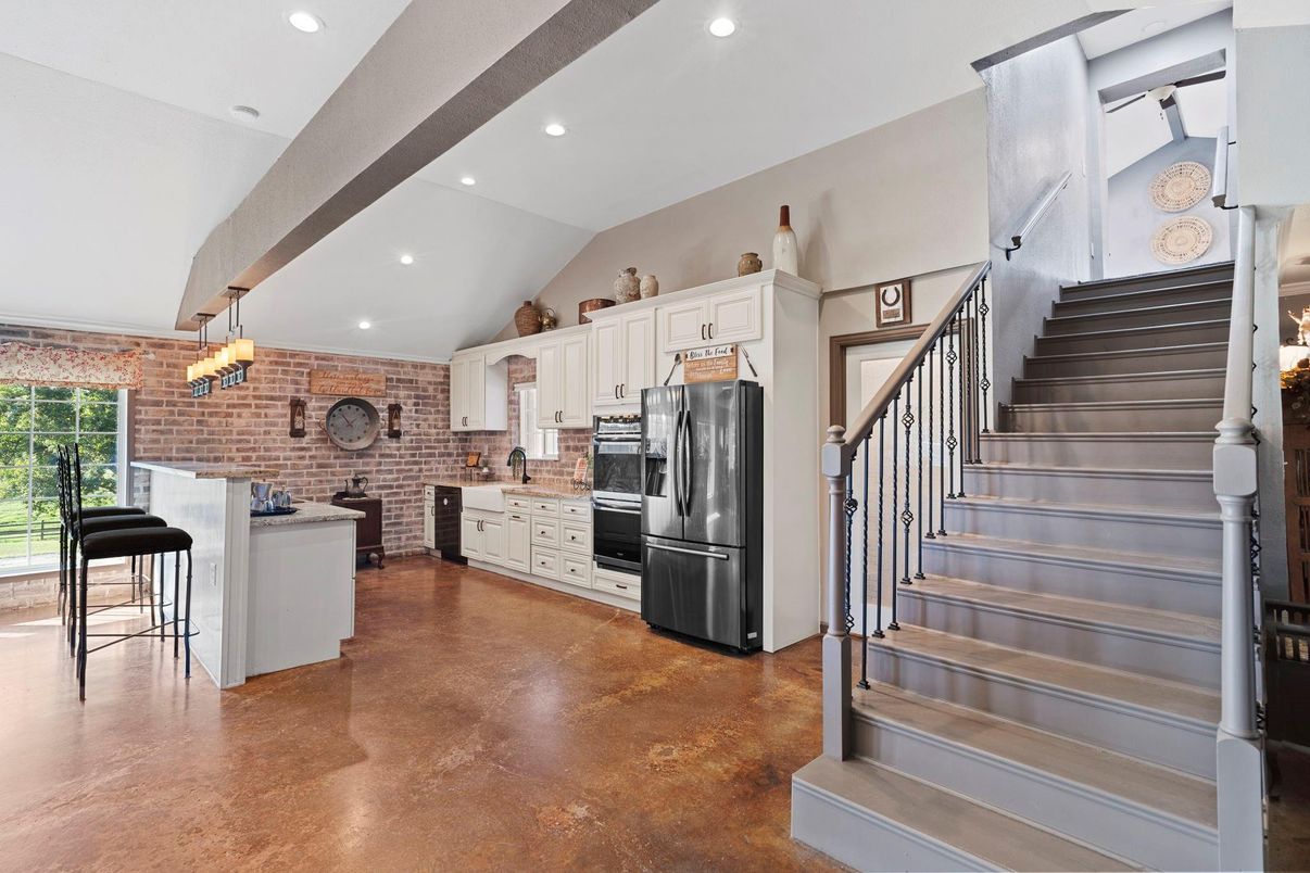 Interior, Kitchen, Pendant Lights, Recessed Lighting, Stainless Steel Appliances, Stone Walls