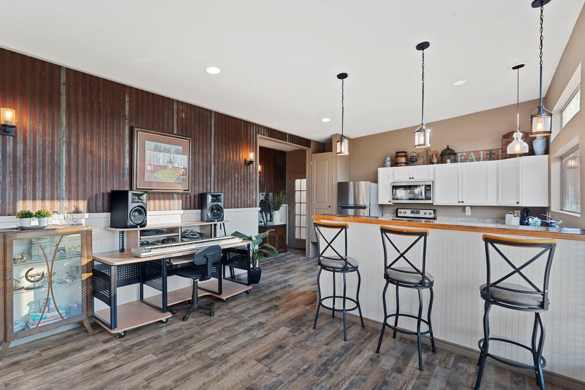 Interior, Kitchen, Pendant Lights, Recessed Lighting, Stainless Steel Appliances, Wood Texture Flooring, Wooden Walls