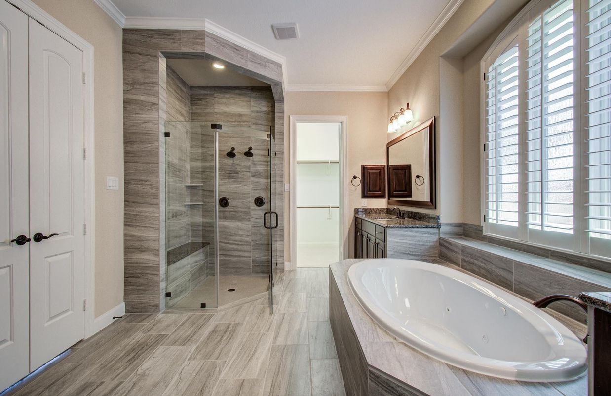 Bathroom, Dual Sink Vanities, Glass Shower, Interior, Recessed Lighting, Wood Texture Flooring