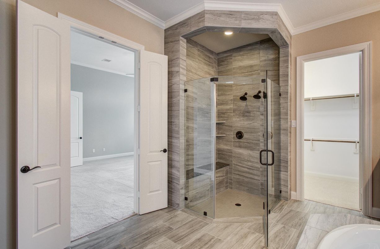 Bathroom, Glass Shower, Interior, Recessed Lighting, Wood Texture Flooring