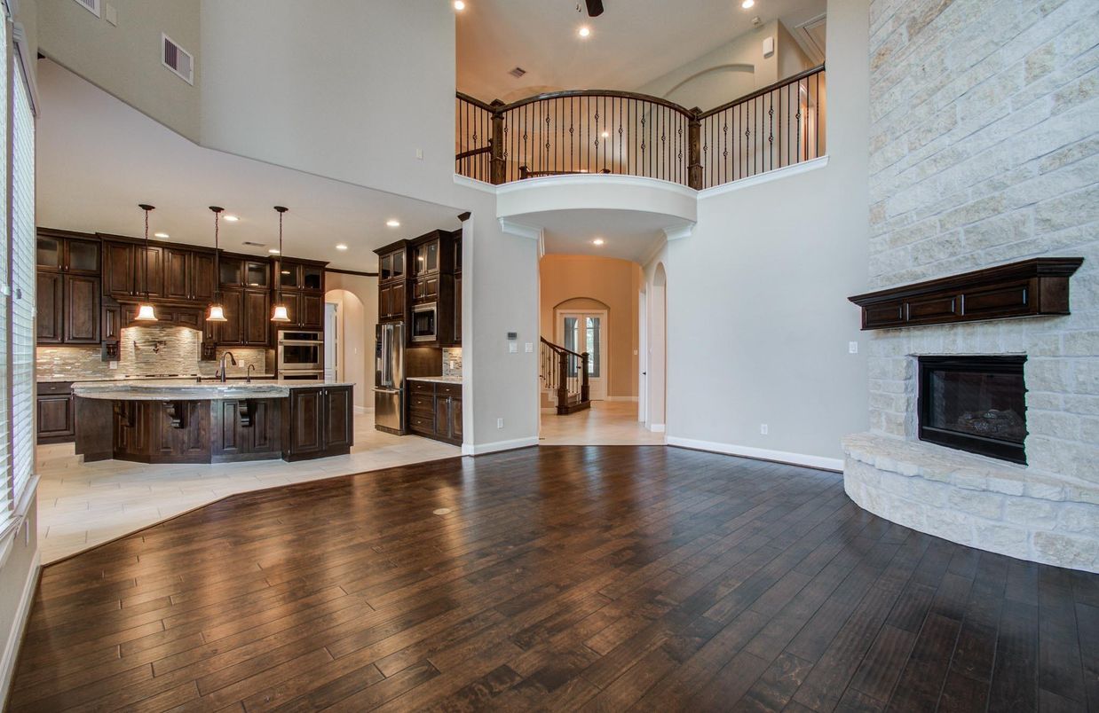 Fireplace, Interior, Kitchen, Pendant Lights, Recessed Lighting, Wood Texture Flooring