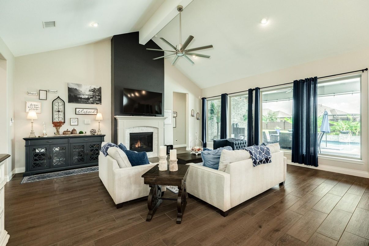 Fireplace, Interior, Living room, Recessed Lighting, Wood Texture Flooring