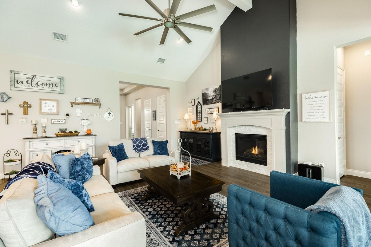 Fireplace, Interior, Living room, Recessed Lighting, Wood Texture Flooring