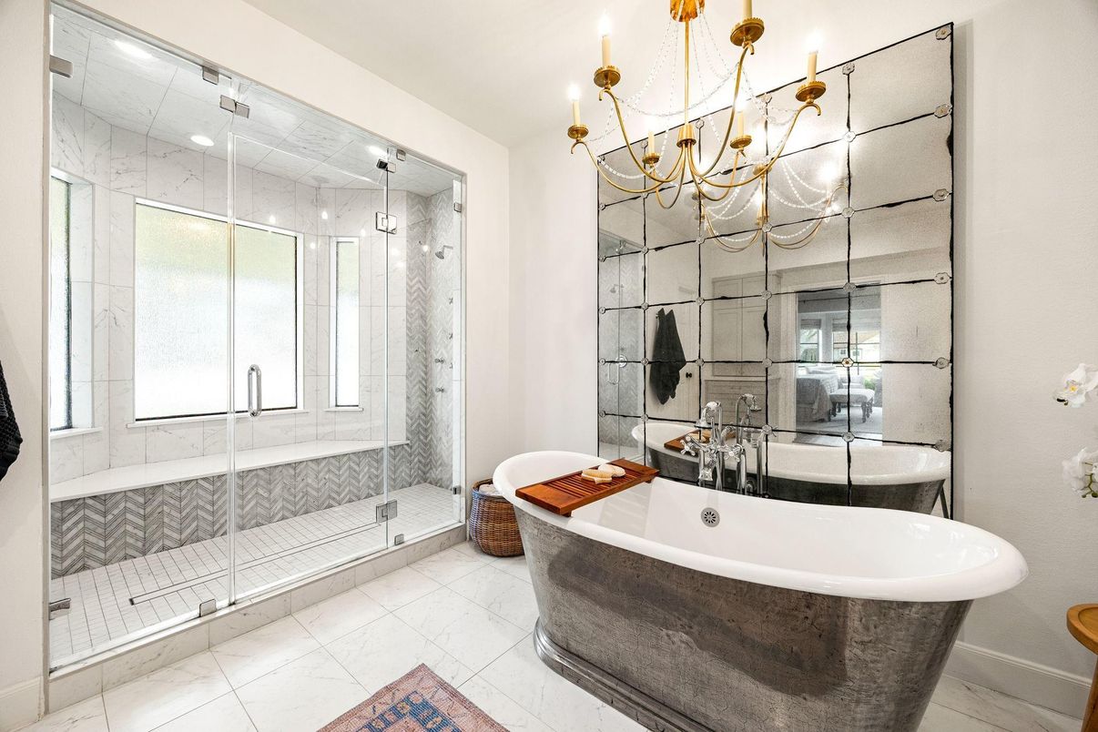 Bathroom, Chandelier, Free Standing Baths, Glass Shower, Interior, Marble, Marble Walls, Recessed Lighting