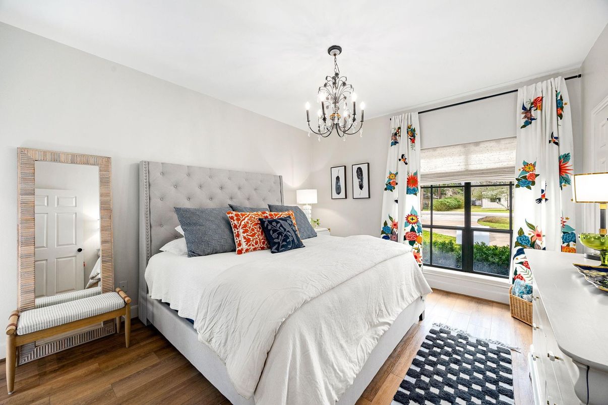 Bedroom, Chandelier, Interior, Wood Texture Flooring