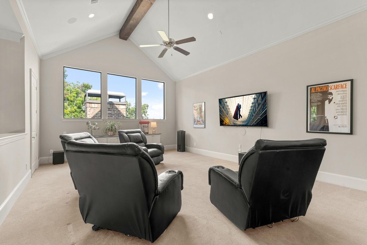 Home Theatre Room, Interior, Living room, Recessed Lighting, Wooden Beams