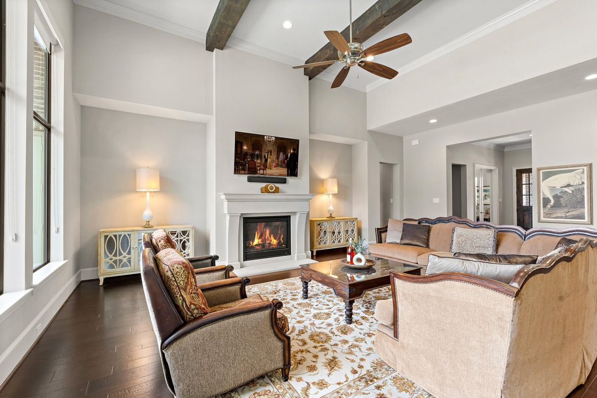 Fireplace, Interior, Living room, Recessed Lighting, Wooden Beams, Wood Texture Flooring