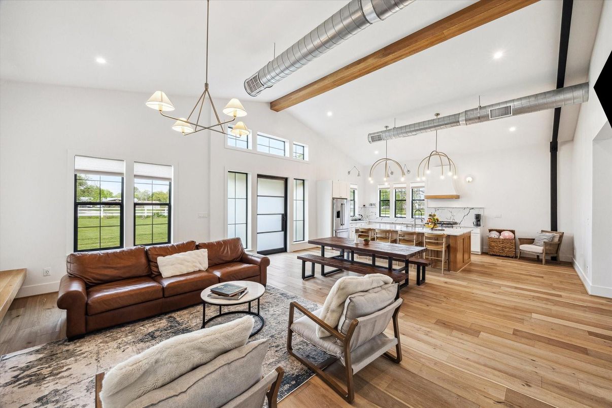 Interior, Living room, Pendant Lights, Recessed Lighting, Wooden Beams, Wood Texture Flooring