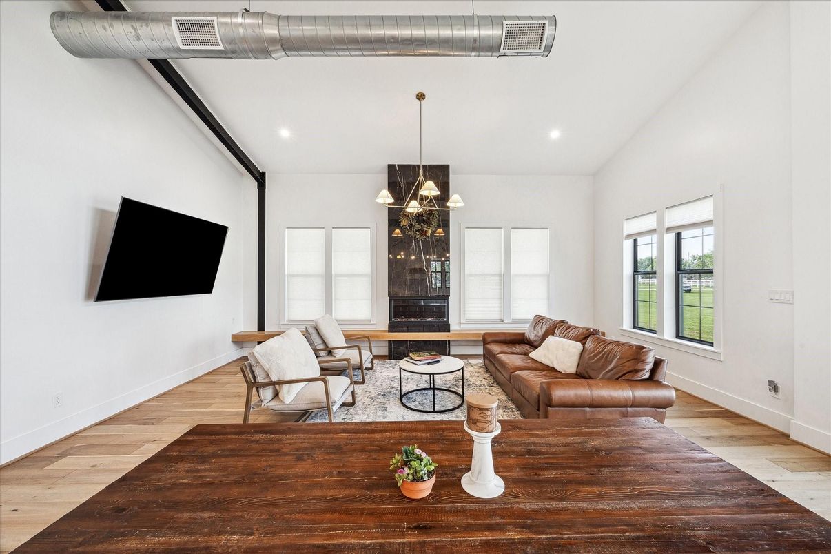 Fireplace, Interior, Living room, Pendant Lights, Recessed Lighting, Wood Texture Flooring