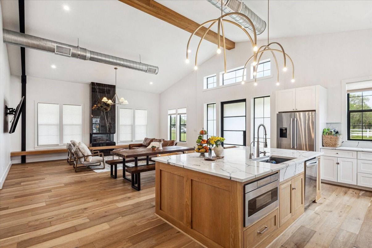 Interior, Kitchen, Living room, Pendant Lights, Recessed Lighting, Stainless Steel Appliances, Wood Texture Flooring