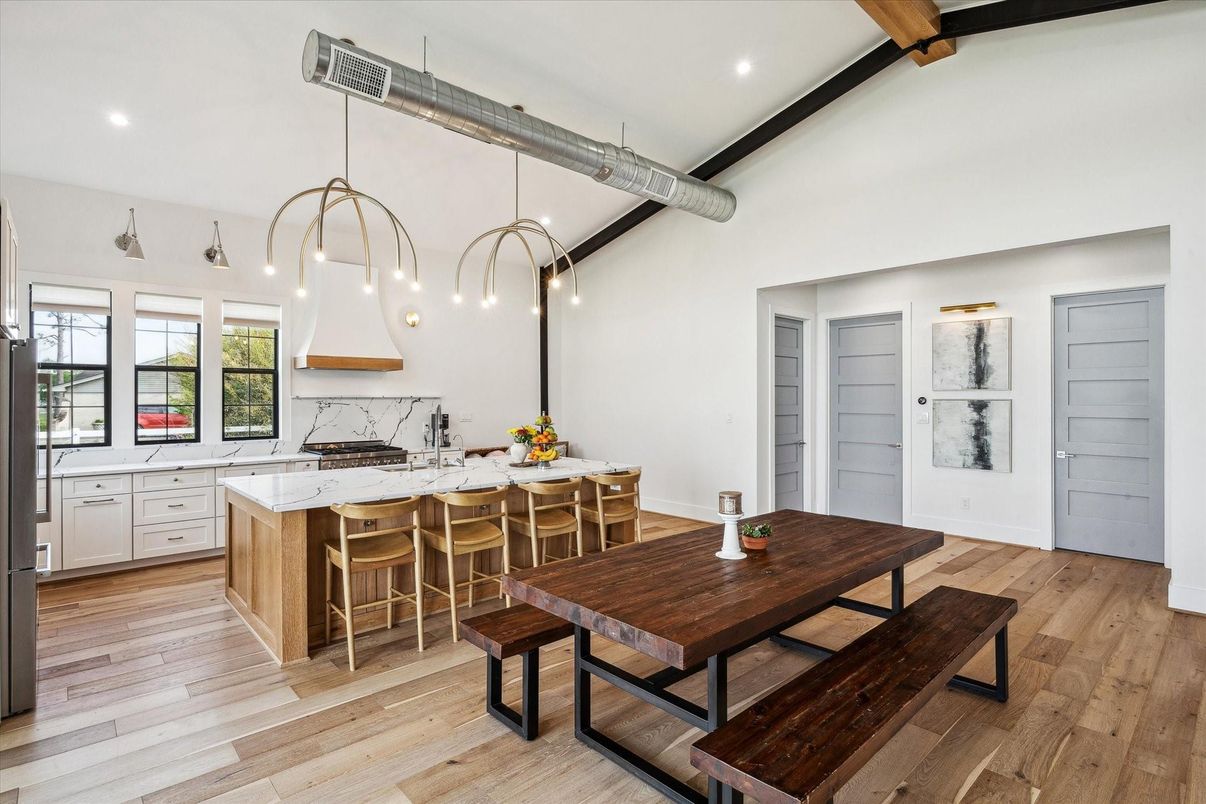 Dining room, Interior, Kitchen, Pendant Lights, Recessed Lighting, Wooden Beams, Wood Texture Flooring