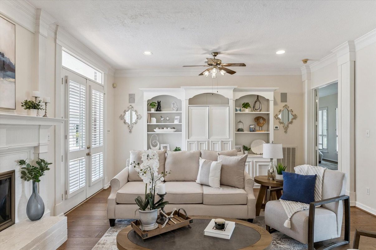 Fireplace, Interior, Living room, Recessed Lighting, Wood Texture Flooring