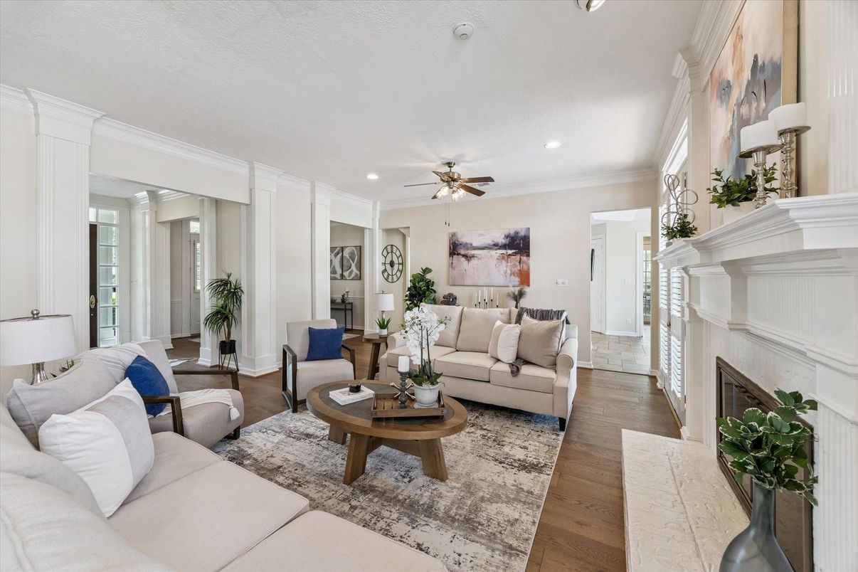 Fireplace, Interior, Living room, Recessed Lighting, Wood Texture Flooring