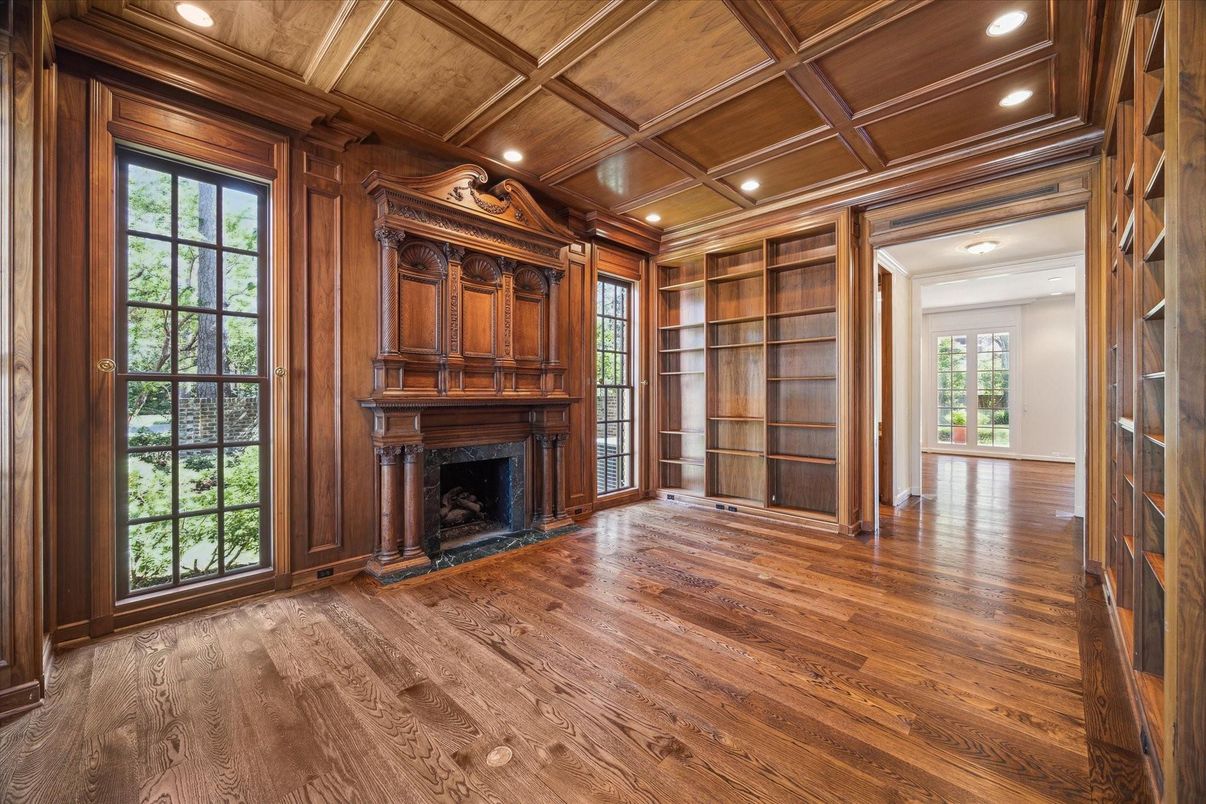 Empty room, Fireplace, Interior, Recessed Lighting, Wooden Beams, Wooden Ceilings, Wood Texture Flooring, Wooden Walls